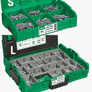 SPAX® L-BOXX - Montažna kutija od heksalobularnih (6 režnja) vijaka za ivericu s ravnom upuštenom glavom T-STAR plus, s punim / djelomičnim navojem s vrhom 4CUT Čelik - kaljen - WIROX® dodano mazivo